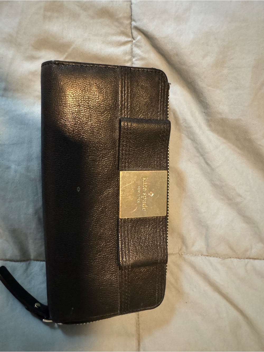 kate spade Black Leather Zip Wristlet with Silver Logo Plate